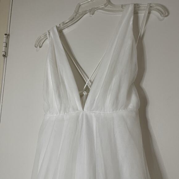 NEW! Selfie Leslie Floating By Plunging Neckline Mesh Overlay Midi Dress White L - Picture 5 of 13